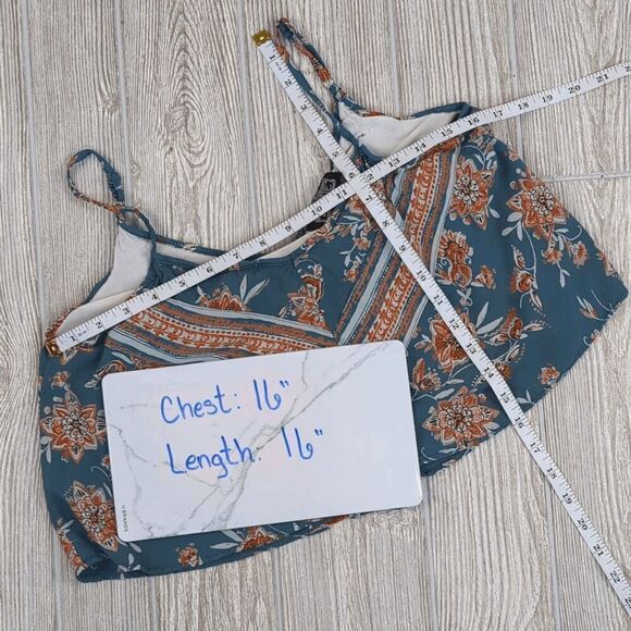 Angie Women's Small Blue Orange Floral BOHO Cropped Top Shirt Sleeveless - Picture 3 of 6